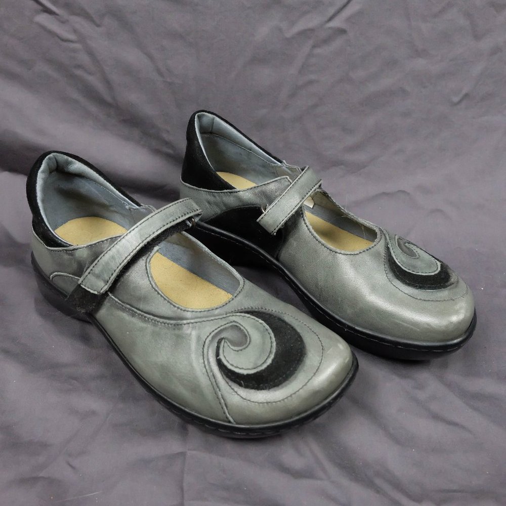 Naot Gray and Black Leather Mary Jane Sandals with Swirl Accent